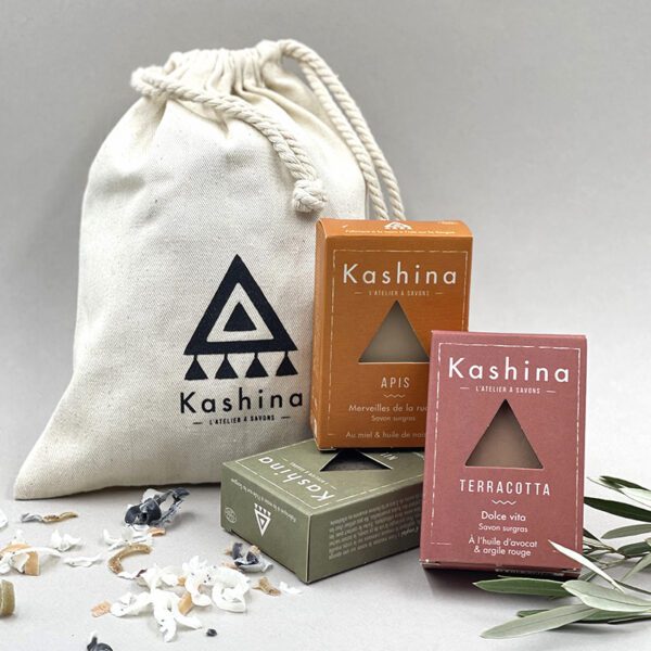 Coffret Trio Kashina Trois savons au choix avec un sac en coton bio